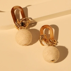 Handcrafted round drop earrings with brown resin and beige fiber wrapped beads