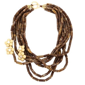 Collier multicouche fait main avec perles marbrées brunes et fleurs dorées perlées