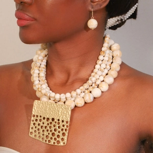 Multilayer beaded necklace and earring set with oversized hammered gold pendant for women