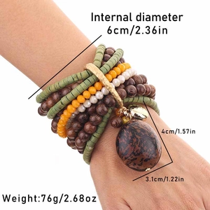 Detail of bohemian layered beaded bracelet featuring hand-painted oval pendant and dimensions