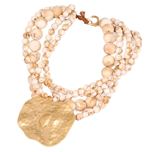 Bohemian multi-layer beaded necklace set with marbled beads and a gold hammered pendant