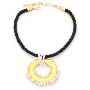 Twisted rope necklace with oversized hammered gold ring pendant and white pearls