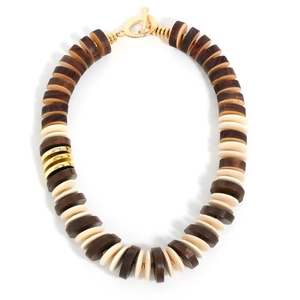 Ethnic style necklace with brown and cream wooden beads and golden OT toggle clasp