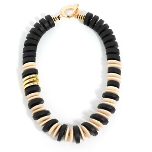 Bohemian black and beige beaded disc necklace with gold accents and OT toggle clasp