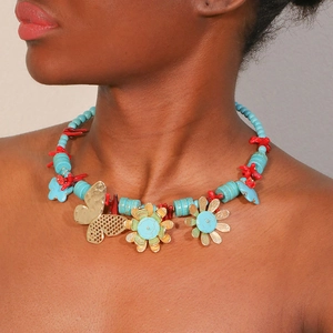Bohemian Beaded Necklace Alloy Butterfly Flower Pendant Acrylic Coral Stone Jewelry Ethnic Style For Women