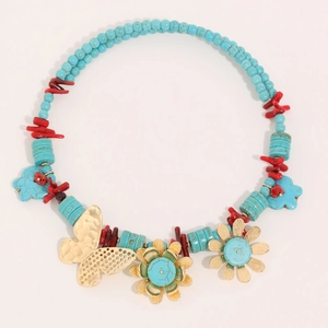 Bohemian turquoise and red coral beaded necklace with golden butterfly and flower charms