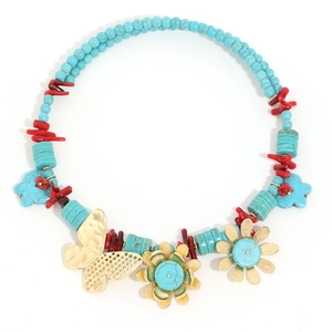 Bohemian beaded necklace with blue turquoise, red coral accents and gold butterfly charms
