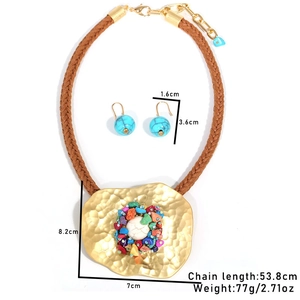 Ethnic jewelry set showing dimensions of woven necklace with colorful stone pendant