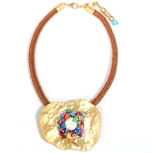 Bohemian dopamine necklace with colorful natural stones and gold textured pendant