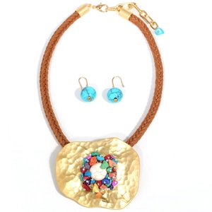 Detailed view of bohemian colorful natural stone necklace and turquoise drop earrings