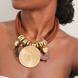 Bohemian Statement Necklace Alloy Polyester Resin Large Round Pendant Braided Rope Ethnic Tribal Vintage Jewelry