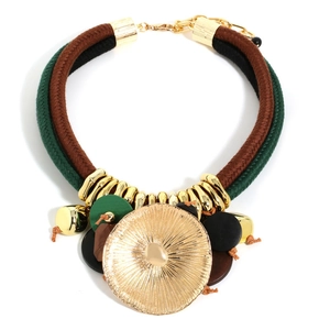 Bohemian leaf-shaped pendant necklace with woven cord and golden metallic textures