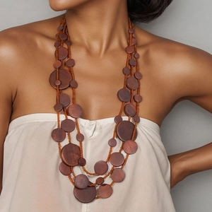 Bohemian Layered Long Necklace With Round Wood Slices And Glass Seed Beads Handmade Geometric Ethnic Style For Women