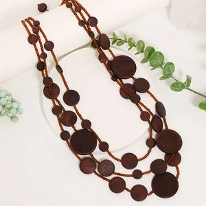 Handmade bohemian long necklace with layered dark brown wooden discs and brown beads