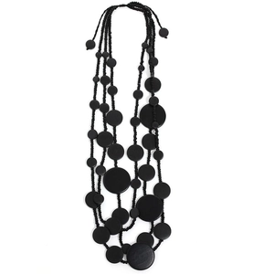 Handmade multilayered bohemian long necklace with black beads and natural wood discs