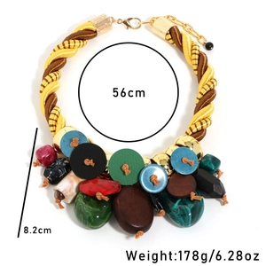 Ethnic boho necklace detail showing colorful beads and dimension labels on white background