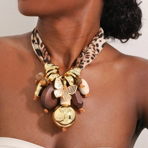 Collana Chunky Tessuto Stampa Leopardata Farfalla In Lega Pendenti In Legno Perline Resina Boho Vintage Per Donne