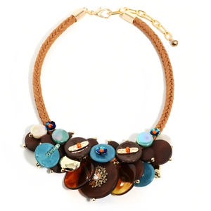 Bohemian handmade necklace with brown leather cord and layered amber resin discs