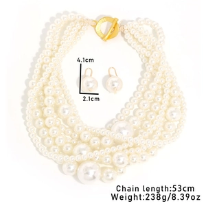 Multi-layer faux pearl necklace set with golden T-bar clasp and matching pearl earrings