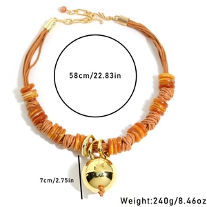 Handmade woven wax rope necklace with golden geometric round bell pendant and amber resin beads
