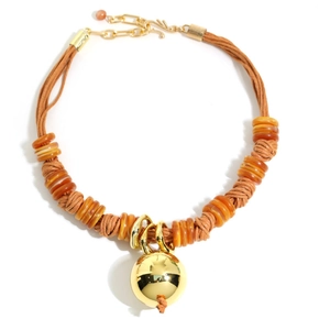 Handwoven wax rope necklace with geometric yellow beads and a gold sphere pendant