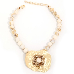 Vintage necklace with brown marble beads and hammered gold pendant with colorful stone