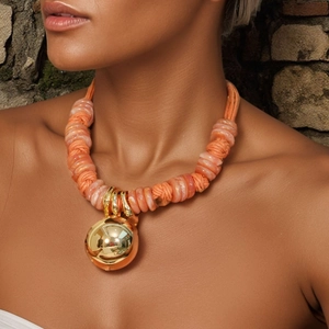 Bohemian Statement Necklace Large Gold Alloy Ball Pendant Orange Acrylic Beads Multi Strand Woven Wax Rope Exotic Women