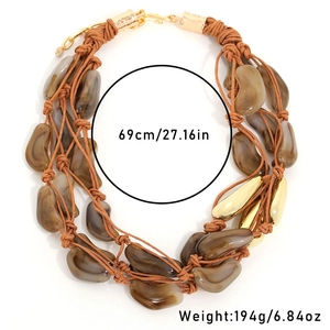 Bohemian multi-layer necklace with brown resin beads and woven rope, 69cm length