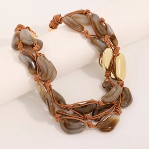 Retro multi-layer necklace with brown agate-style beads and hand-woven rope design