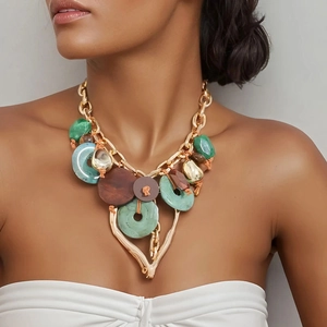 Statement Necklace Boho Alloy Chunky Chain Large Hollow Heart Pendant Wood Acrylic Resin Jewelry For Women