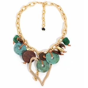 Handmade chunky gold chain necklace with large hollow heart pendant and turquoise accents