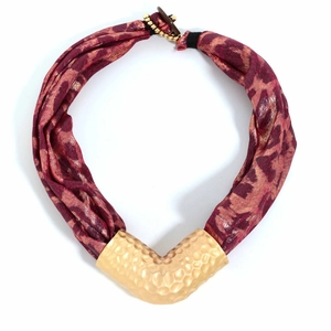Hammered V-shape gold metal pendant on leopard print fabric torque necklace for women