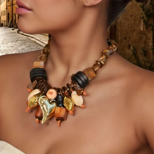 Collier À Pendentif Cœur Exagéré Avec Perles En Acrylique Bois Alliage Faites À La Main Bijoux Bohème Rétro Pour Femme