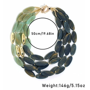 Bohemian multi-layer necklace with green and blue acrylic beads and golden OT clasp