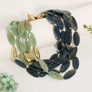 Bohemian multilayer beaded necklace with green marble resin beads and golden toggle clasp