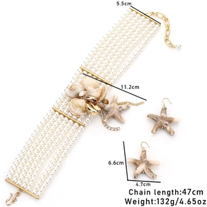 Multi-layer pearl choker set with starfish and shell accents for beach jewelry