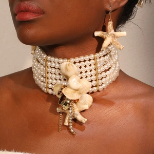 Bohemian Imitation Artificial Pearl Choker Necklace And Earrings Starfish Shell Charms Rhinestone Tassel Beach Vacation Women