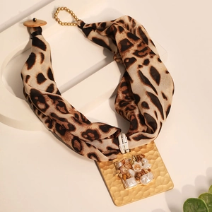 Handmade leopard print fabric square pendant necklace with pearls and stones