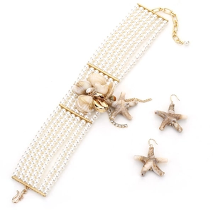 Handmade multi-layer pearl choker set with starfish earrings and shell pendants