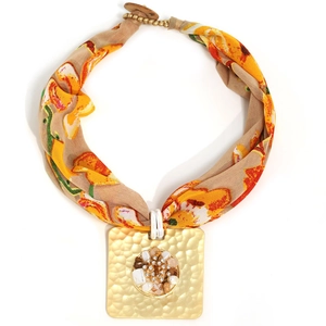 Handcrafted leopard print fabric scarf necklace with gold square pendant and pearls