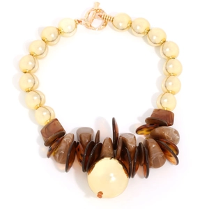 Retro necklace with chunky faux pearls, brown resin discs and a large gold bead