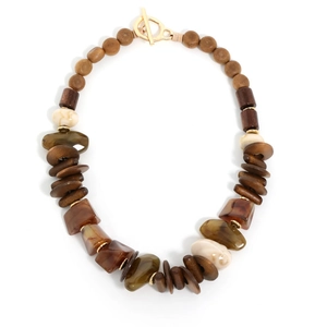 Handmade beaded necklace with wood beads, acrylic stones, and a gold toggle clasp