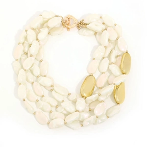 Elegant multi-layer baroque pearl necklace with golden beads and toggle clasp closure