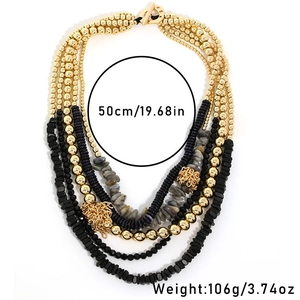 Bohemian multi-layer handmade beaded tassel necklace in gold, black, and grey tones