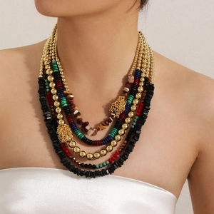 Bohemian Multi-Layer Beaded Necklace With Alloy CCB Acrylic Wood Glass Handmade Tassel Fringe Ethnic Retro Women Jewelry