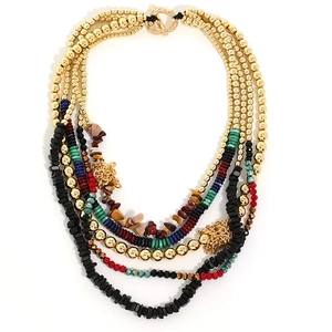 Detailed macro view of bohemian multi-layer beaded necklace with vibrant colorful beads