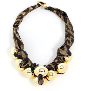 Statement leopard print fabric necklace with oversized gold beads and metallic T-bar clasp