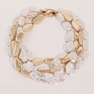 Elegant multi-layer necklace with irregular faux pearls and gold metallic beads with toggle clasp
