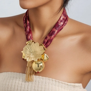 Leopard Print Fabric Statement Necklace Golden Alloy Leaf Pendant Metal Beads Tassel Bohemian Choker Jewelry For Women