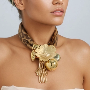 Boho leopard print fabric scarf necklace with gold maple leaf and tassel charms
